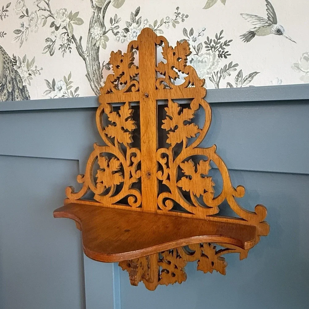Vintage Hand Carved Wood Wall Shelf Ornate Scrollwork Cottagecore Cross